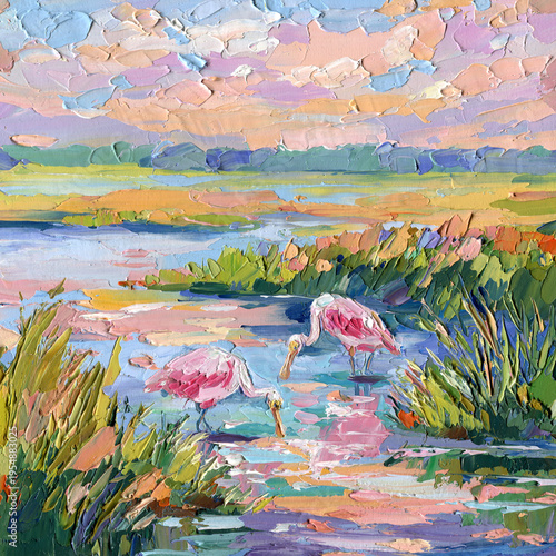 Billede på lærred Roseate spoonbills wetland oil painting pastel marsh landscape with pink birds a