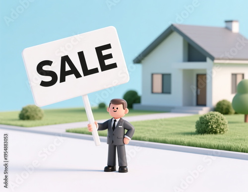 A realtor figurine stands next to a property with a for sale sign