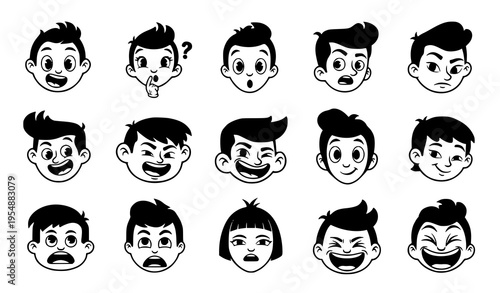 Vintage cartoon mascot head collection black and white funny faces with emotions retro vector set