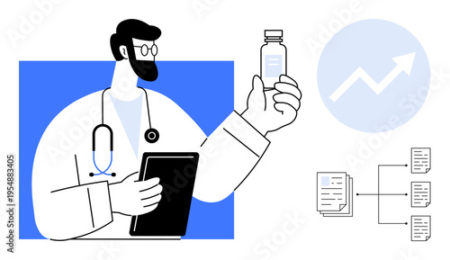 Healthcare, medical data analysis, pharmaceutical research, drug development, progress tracking, diagnostics. Doctor holding medication and tablet with growth chart and data visualization. Medical