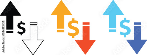 Currency Exchange Arrow Icon Set with Dollar Symbol and Up Down Market Direction Indicators for Financial Trading Concepts, Investment Analysis, and Economic Trend Design