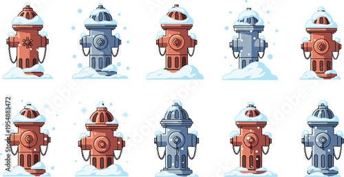 Winter Fire Hydrant Set with Snow Covered Urban Hydrants in Cute Seasonal Illustration Collection