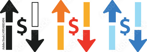 Currency Exchange Arrow Icon Set with Dollar Symbol and Up Down Direction Indicators for Financial Trading Concepts, Market Trends, and Investment Interface Design
