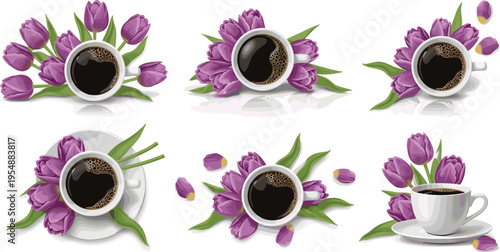 Coffee Cup with Purple Tulips Set Featuring Elegant Floral Compositions and Cozy Beverage Scenes