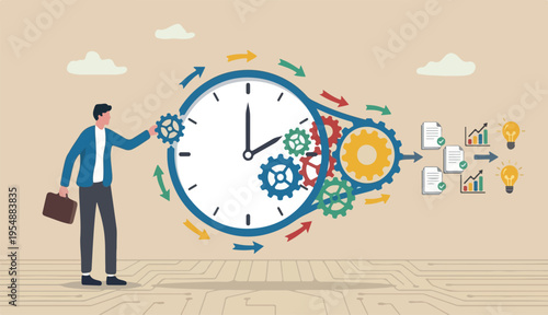 Efficiency or productivity, manage resources time optimize management improve result increase in performance effective process, businessman combine clock timer gear cogwheel for best efficiency