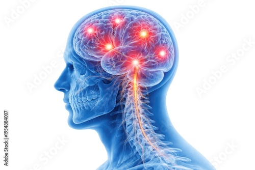 Human brain with multiple glowing pain points, medical concept showing neurological stress and cognitive discomfort isolated on white background
