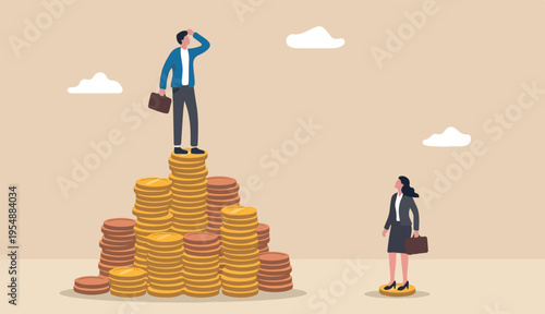  Gender pay gap, inequality between man and woman wage, salary or income, issue about the gender diversification concept, businessman standing much or more paid money coins, woman on less small income