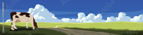 Horizontal or Landscape of a cow grazing in a vast green meadow under a blue sky with fluffy white clouds and a dirt road. Vector illustration for banner background.