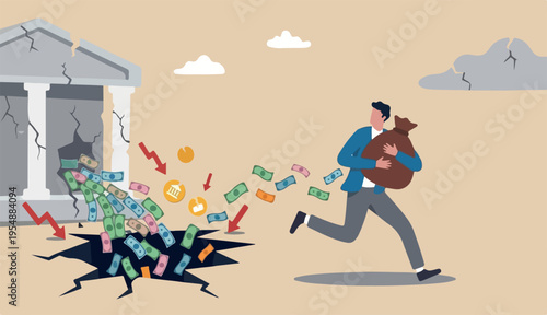 Lose money while trying to get out of stock market in crisis or recession, investment risk fraud, mutual fund expense and cost concept, businessman running with money bag, banknotes fall from hole.