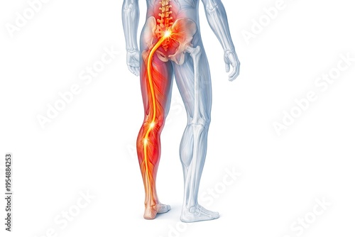 Human leg with nerve pain pathway highlighted in red, medical illustration showing sciatica and lower limb discomfort isolated on white background