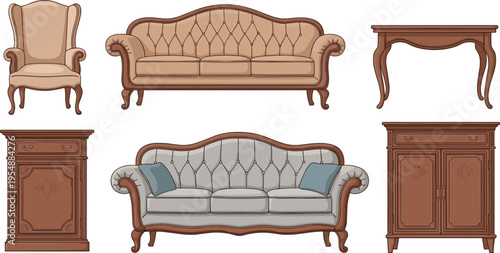 Classic Vintage Furniture Set Featuring Elegant Sofa, Armchair, Wooden Cabinet, and Table in Antique Style Interior Collection
