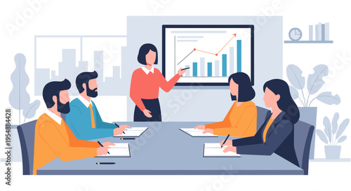 Business team meeting in modern office with presentation on screen in flat design style for corporate branding