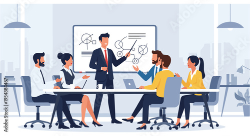 Business team meeting in modern office with presentation on whiteboard in flat design style for corporate branding