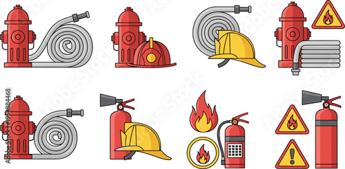Fire Safety Equipment Set with Hydrant, Hose, Helmet, Extinguisher, and Warning Signs Emergency Illustration Collection