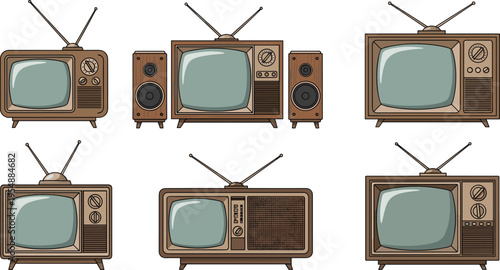 Vintage Television Set Collection Featuring Retro TVs with Antennas, Wooden Frames, and Classic Mid-Century Design Styles