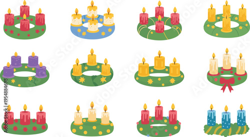 Advent Wreath Candle Set with Festive Christmas Decorations Featuring Different Candle Arrangements and Holiday Garland Designs