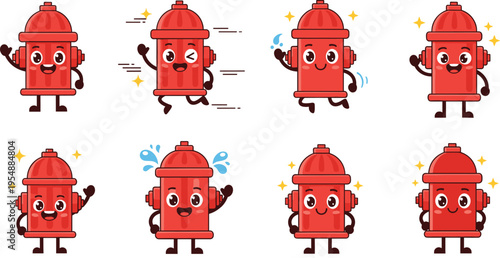Cute Fire Hydrant Mascot Cartoon Set with Funny Expressions, Running, Waving, and Splashing Water Character Collection