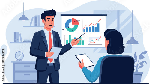 Business meeting presentation with financial charts and graphs analyst explaining sales growth strategy to colleague in modern office illustration
