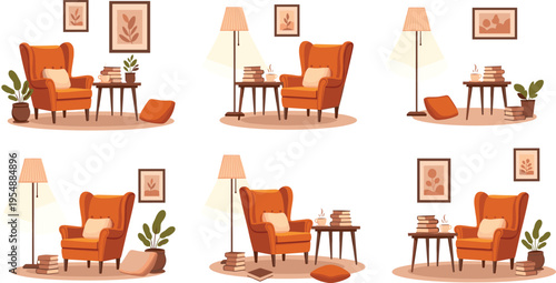 Cozy Reading Corner Vector Set Featuring Armchair, Floor Lamp, Books, Plants, and Warm Home Interior Decor Scenes in Comfort Style