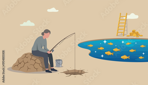 Fail to see opportunity, uninspired employee stuck find creativity motivation, corporate success or challenge, bored woman blindly sit fishing wrong place while ignore success opportunity