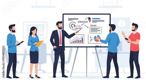 Business people presenting data on whiteboard in colorful flat design for marketing materials