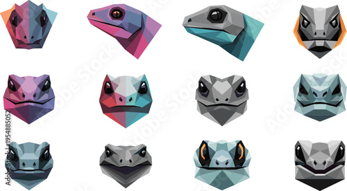 Low Poly Frog Head Vector Set Featuring Geometric Amphibian Faces in Modern Polygonal Style for Creative Design and Illustration Projects