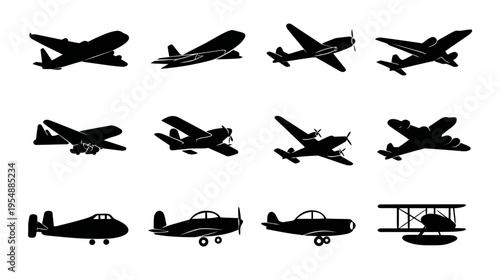Collection of diverse black airplane silhouettes. Vector icons of various aircraft including modern jet planes, propeller planes, and vintage models.