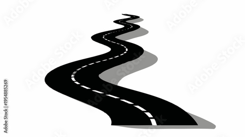 Winding Black Asphalt Road with Dashed Lines and Shadow Graphic Design Element Isolated on White Background