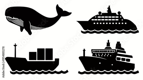 Collection of black vector silhouettes: whale, passenger cruise ship, cargo freighter, and various marine vessels.