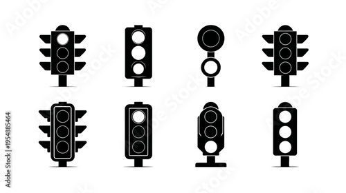 Modern set of black silhouette traffic light icons and semaphore symbols for road safety, urban transportation and control