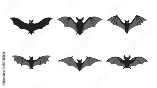 Set of various black bat silhouettes flying, isolated on a white background, perfect for Halloween, spooky, or nocturnal animal designs.