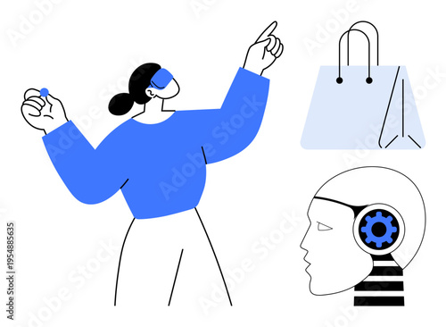 Future technology, virtual shopping, e-commerce, artificial intelligence, online retail, innovation. Woman using VR glasses, robot head with gear shopping bag icon. Virtual shopping and AI concept