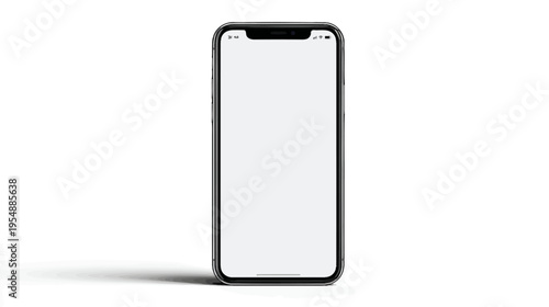 Modern smartphone mockup with blank white screen, standing upright on a clean background. Ideal for app UI/UX display and digital content.