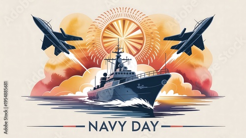 Navy day celebration with warship and fighter jets in action