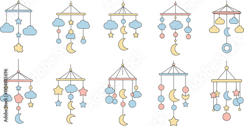 Baby Crib Hanging Mobile Vector Set Featuring Clouds, Stars, Moon Shapes, and Cute Nursery Decor Elements in Soft Pastel Style