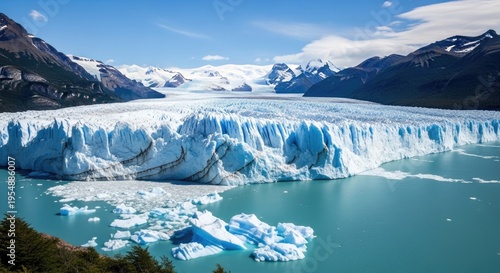 A massive glacier dominates the landscape, extending into a turquoise lake. The glacier’s blue ice is dramatically sculpted with deep crevasses and towering ice formations.