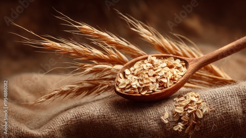 Close-Up of Rolled Oats in Wooden Spoon Surrounded by Wheat Ears Against a Rustic Textured Background