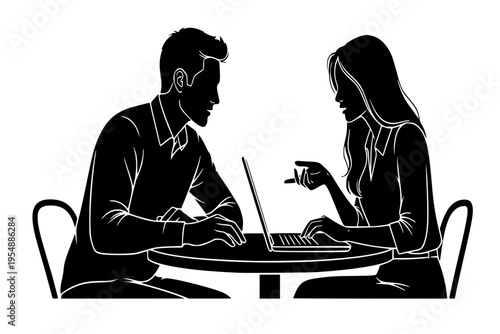Couple Working on Laptop Together Life Planning Partnership Marriage Finance Black Vector Silhouette