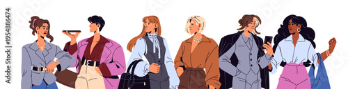 Banner with fashion businesswomen. Happy business women, Employees or office workers calling on the phone. Group portrait of busy girls in suits. Flat isolated vector illustration on white background