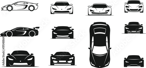 Sports Car Silhouette Vector Set Featuring Front, Side, Top Views of Modern Supercars in Minimal Black Icon Style Design