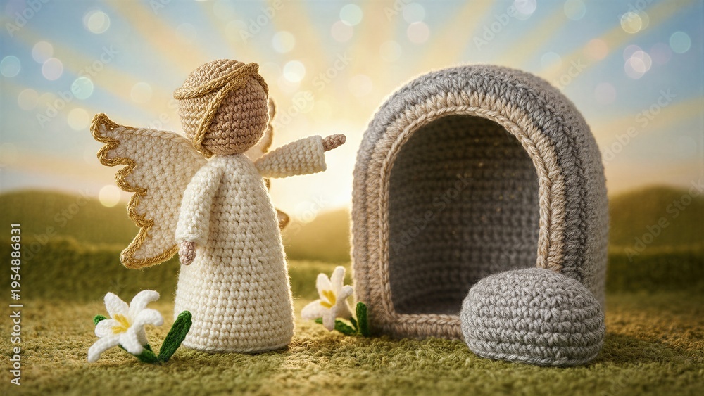 Obraz premium Crocheted angel points to empty tomb at sunrise. Knitted biblical Easter scene for religious holiday. Resurrection day concept.