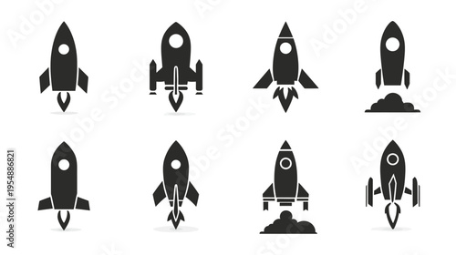Set of black silhouette rocket icons. Various rocket ship symbols for space exploration, startup launch, innovation, and progress concepts.
