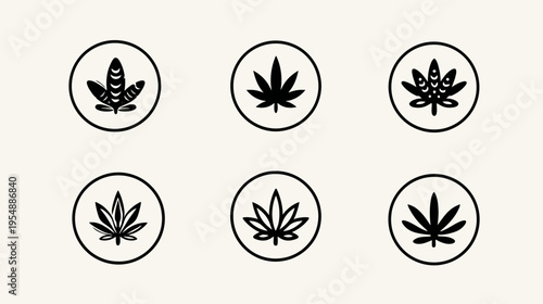 Round icons with various stylized cannabis and hemp leaves, minimalist vector art for medical, recreational, and industrial uses