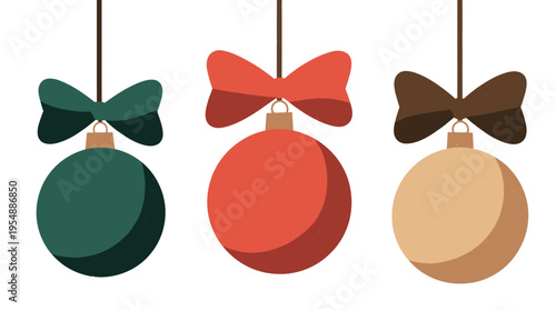Three hanging Christmas ornaments with festive bows. Colorful holiday season decoration elements. Vector illustration.