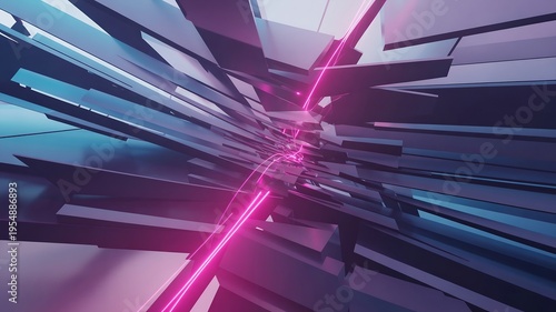 Sharp geometric shards and planes in dark blue and purple with bright pink neon light trails