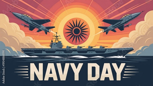 Navy Day featuring an aircraft carrier and fighter jets at sunset