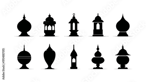 Decorative vector silhouettes of Middle Eastern and Arabic ornamental elements. Islamic style lamps, finials, and architectural details.