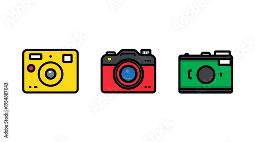 Set of colorful camera icons. Digital, compact, and DSLR style photographic devices. Flat vector illustration for photography and technology concepts.