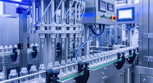 A complex industrial bottling machine fills rows of glass bottles with liquid. The machine features multiple nozzles, tubing, and a conveyor belt system.