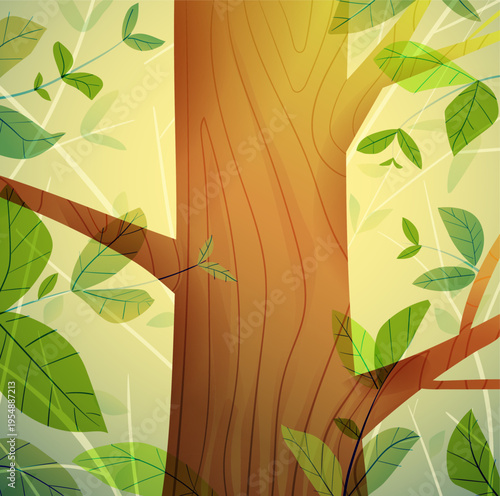 Big empty tree trunk in the forest among colorful green leaves. Woodland high up the tree trunk composition with blank space. Vector colorful nature background illustration for children.